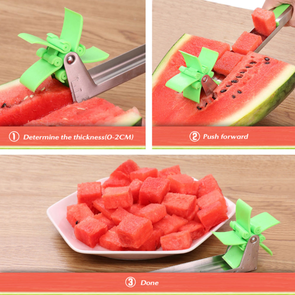 Watermelon slicer cutter Windmill Auto Stainless Steel Melon Cuber Knife  Corer Fruit Vegetable Tools Kitchen Gadgets (Green)