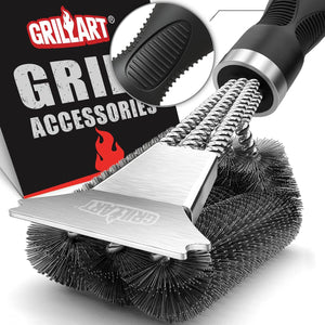GRILLART Grill Brush and Scraper - Extra Strong BBQ Cleaner Accessories - Safe Wire Bristles 18" Stainless Steel Barbecue Triple Scrubber Cleaning Brush for Gas/Charcoal Grilling Grates, Wizard Tool, BR-8115