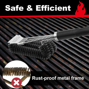 GRILLART Grill Brush and Scraper - Extra Strong BBQ Cleaner Accessories - Safe Wire Bristles 18" Stainless Steel Barbecue Triple Scrubber Cleaning Brush for Gas/Charcoal Grilling Grates, Wizard Tool, BR-8115