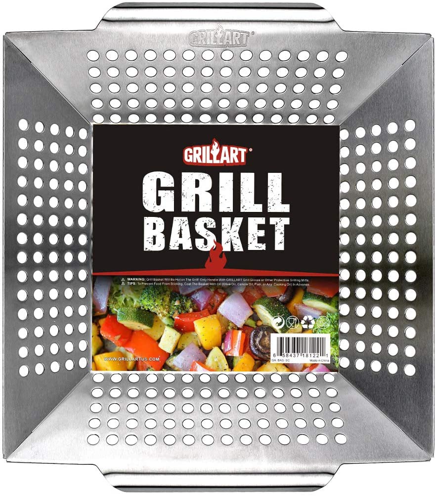 GRILLART Grill Basket for Vegetables & Meat – Large Grill Wok/Pan for the Whole Family - Heavy Duty Stainless Steel Veggie Grilling Basket Built to Last - Best BBQ Accessories for All Grills & Smokers