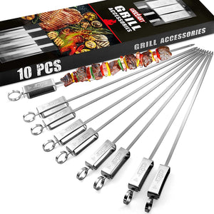 GRILLART Kabob Skewers for Grilling – Metal Skewers for Kabobs with Slider – Flat BBQ Skewers Stainless Steel – 17” Shish Kabob Grill Skewers & Ideal Kabob Sticks for Meat Shrimp Chicken Veggie(10PCS)