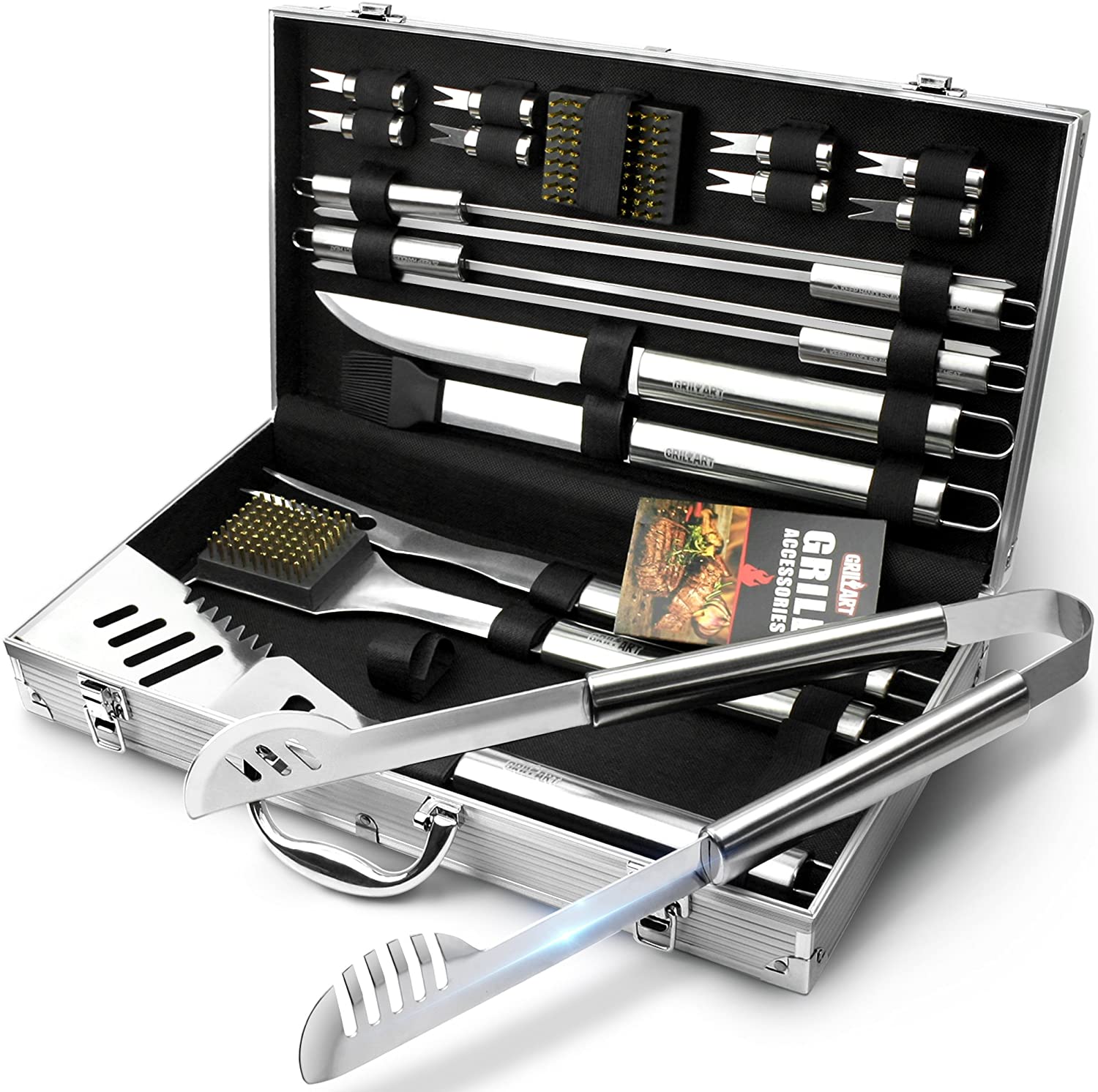 GRILLART BBQ Grill Utensil Tools Set Reinforced BBQ Tongs 19-Piece Stainless-Steel Barbecue Grilling Accessories with Aluminum Storage Case -Complete