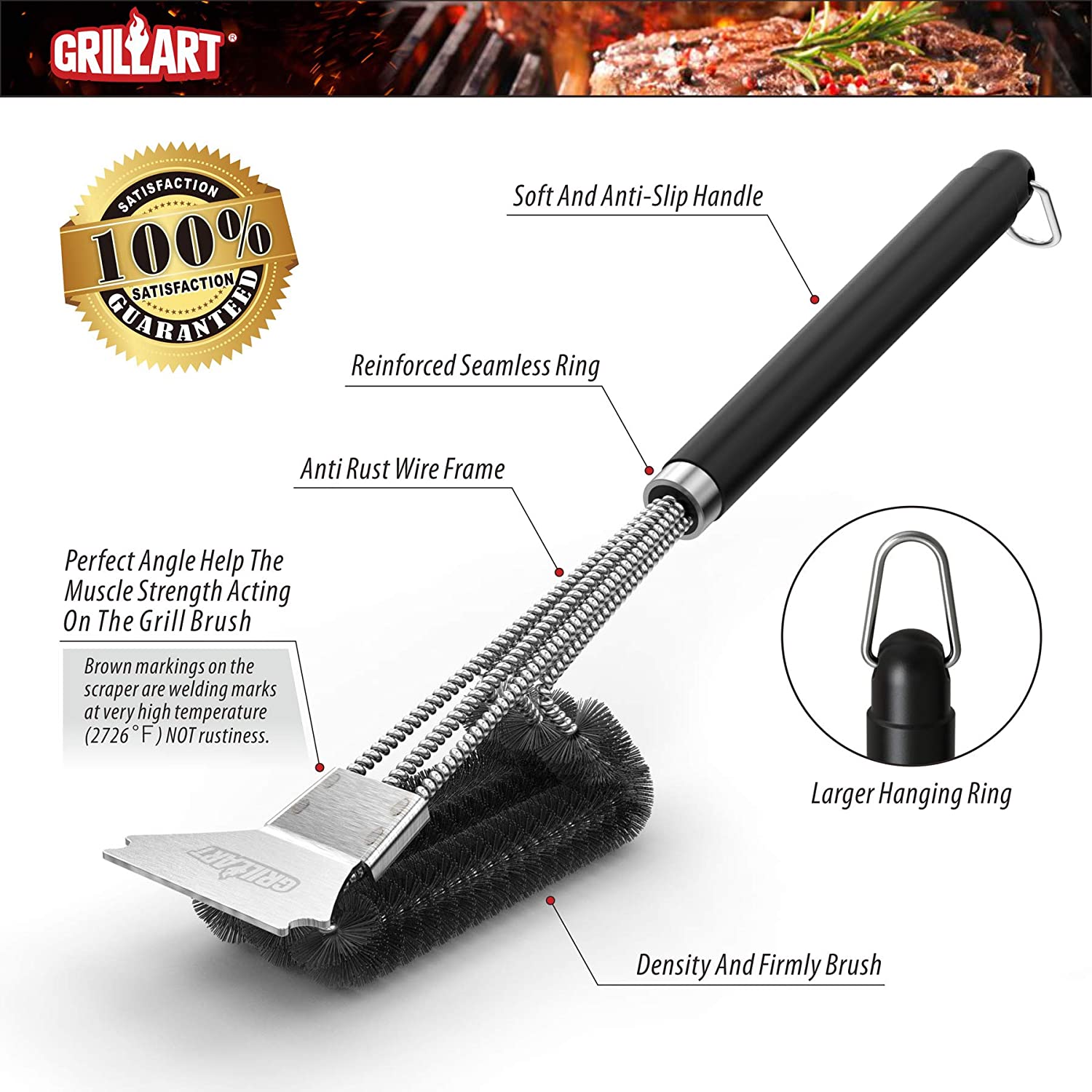 GRILLART Grill Brush & Scraper Wire BBQ Grill Brush For Outdoor 16.5”  Cooking..