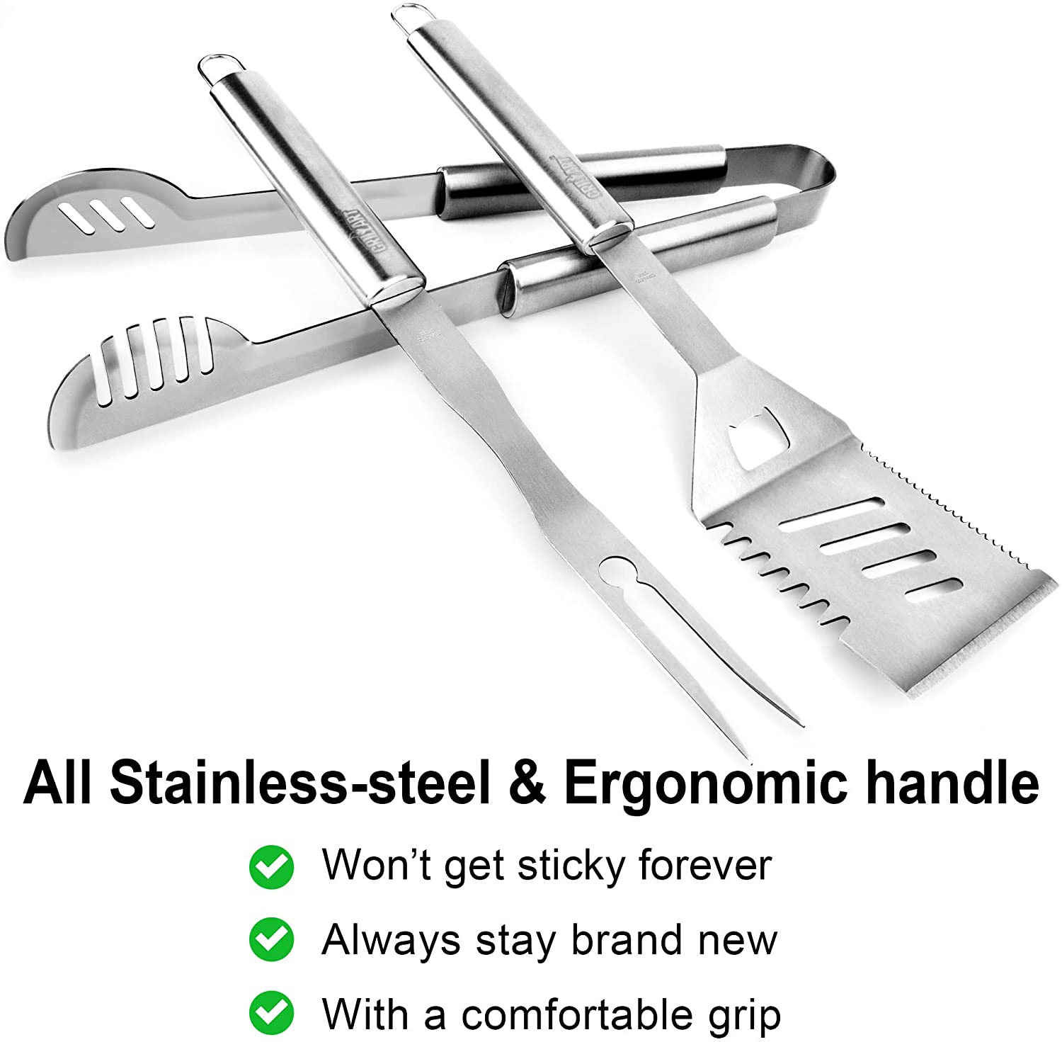 Grillart Set 3 Ustensiles Barbecue Acier Inoxydable - Pince, Spatule Et Fourchette Avec Poignées Bois
