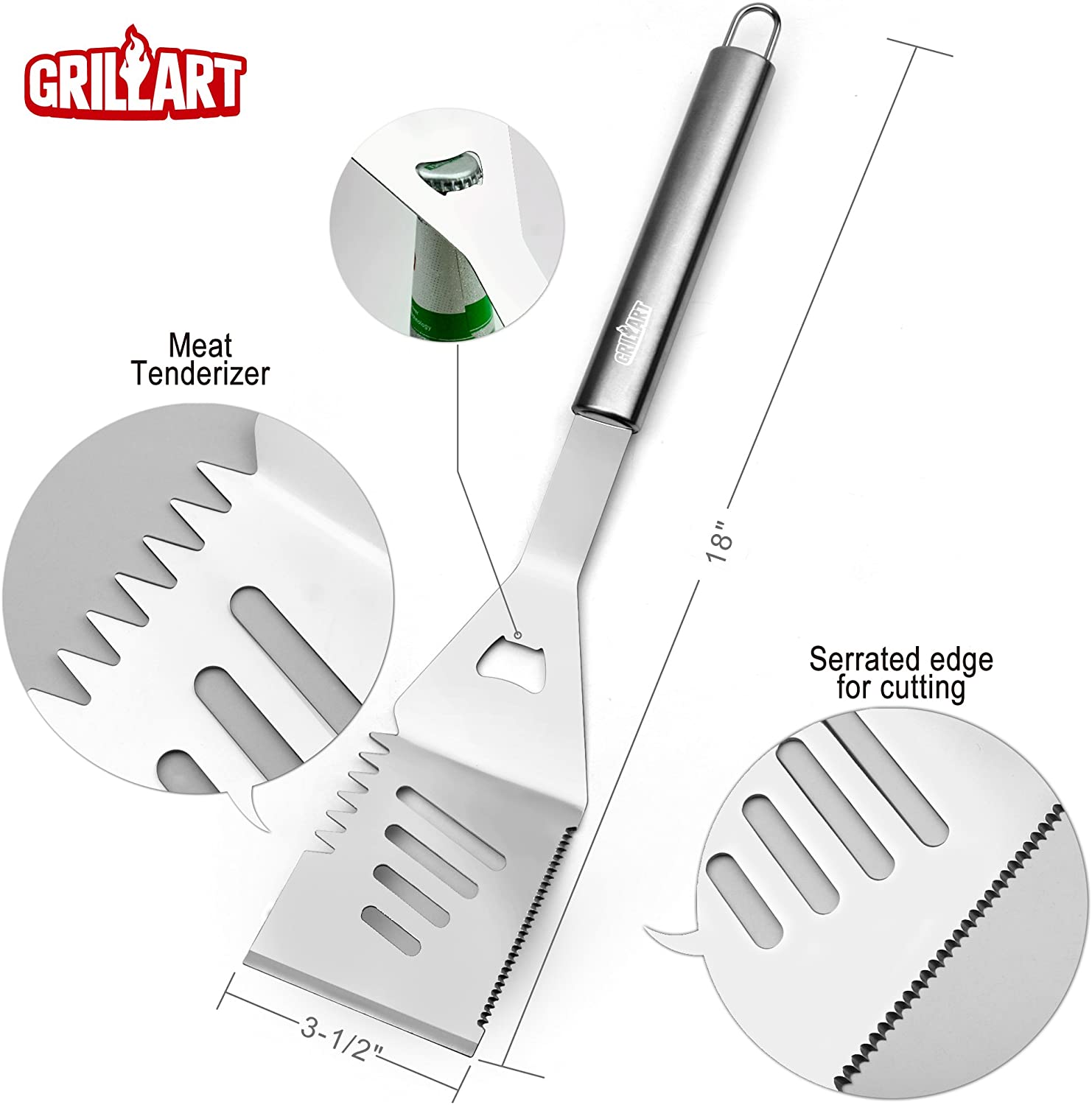 Premium Kona 5 Piece Grill Tools Set - Stainless-Steel Spatula, Tongs, Fork, Knife, Instant Read Thermometer, Openers & Case, Size: 16, Silver