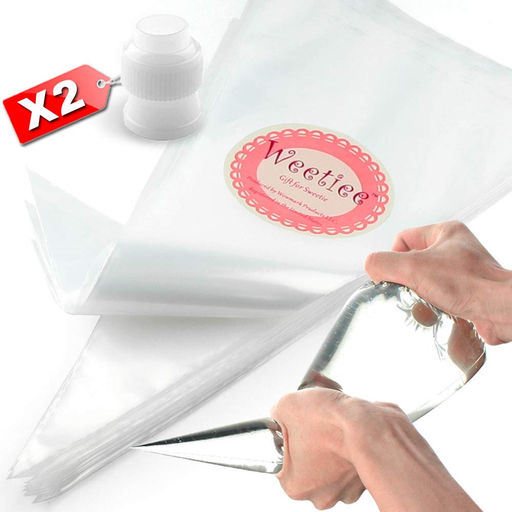 Weetiee Pastry Piping Bags -100 Pack-12-Inch Disposable Cake Decorating Bags Anti-Burst Cupcake Icing Bags for all Size Tips Couplers and Baking Cookies Candy Supplies Kits - Bonus 2 Couplers