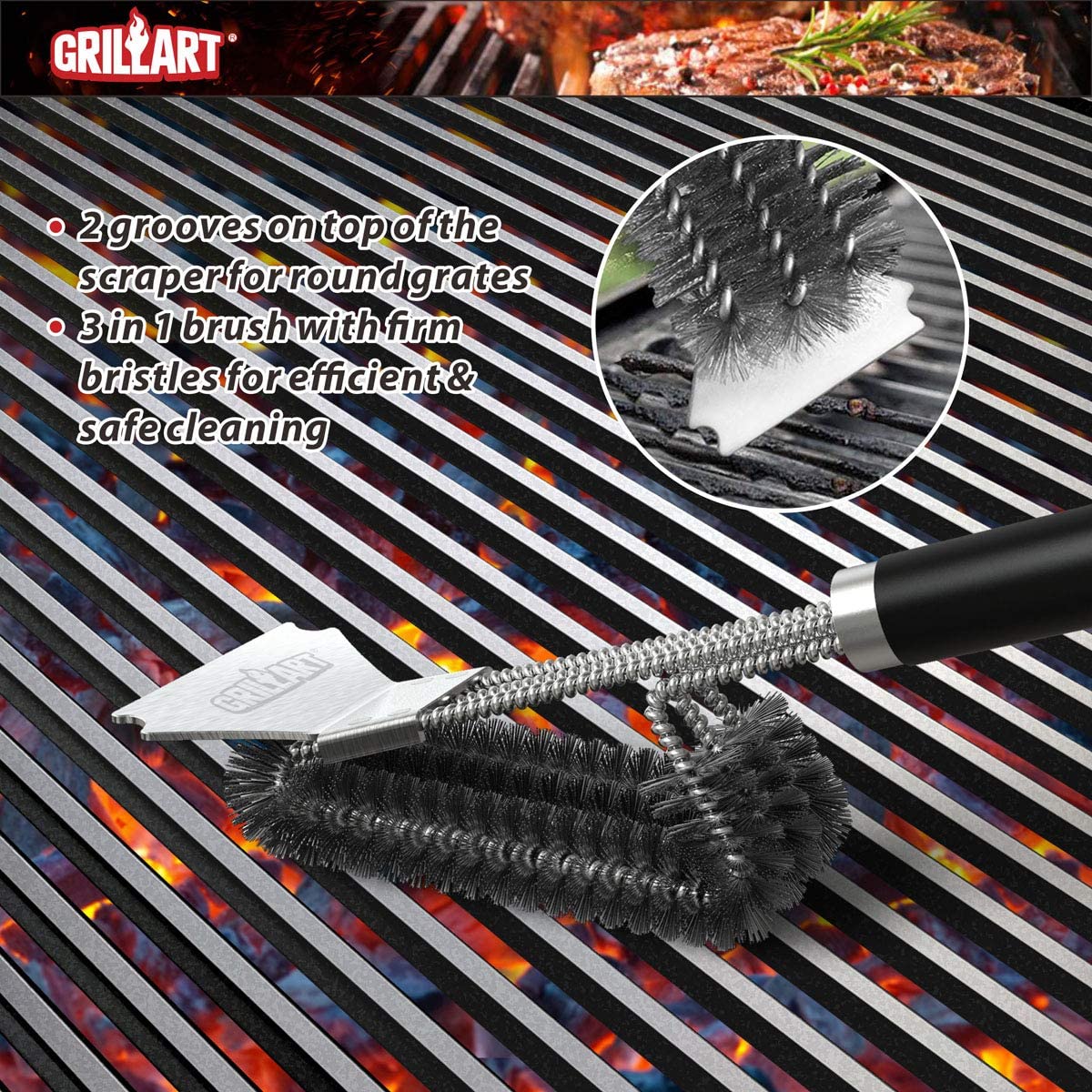 GRILLART Grill Brush and Scraper with Deluxe Handle -Safe