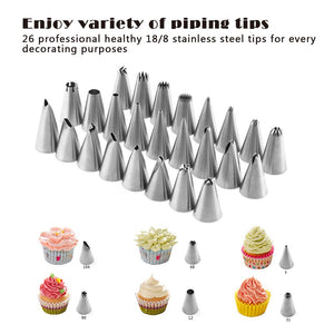 Weetiee Piping Tips And Bags With 26 Thickened Seamless Icing Tips, 2 Silicone Pastry Bags, 2 Flower Nails, 2 Twist Coupler, 3 White Scrapers, Cleaning Brush And Accessories (White)