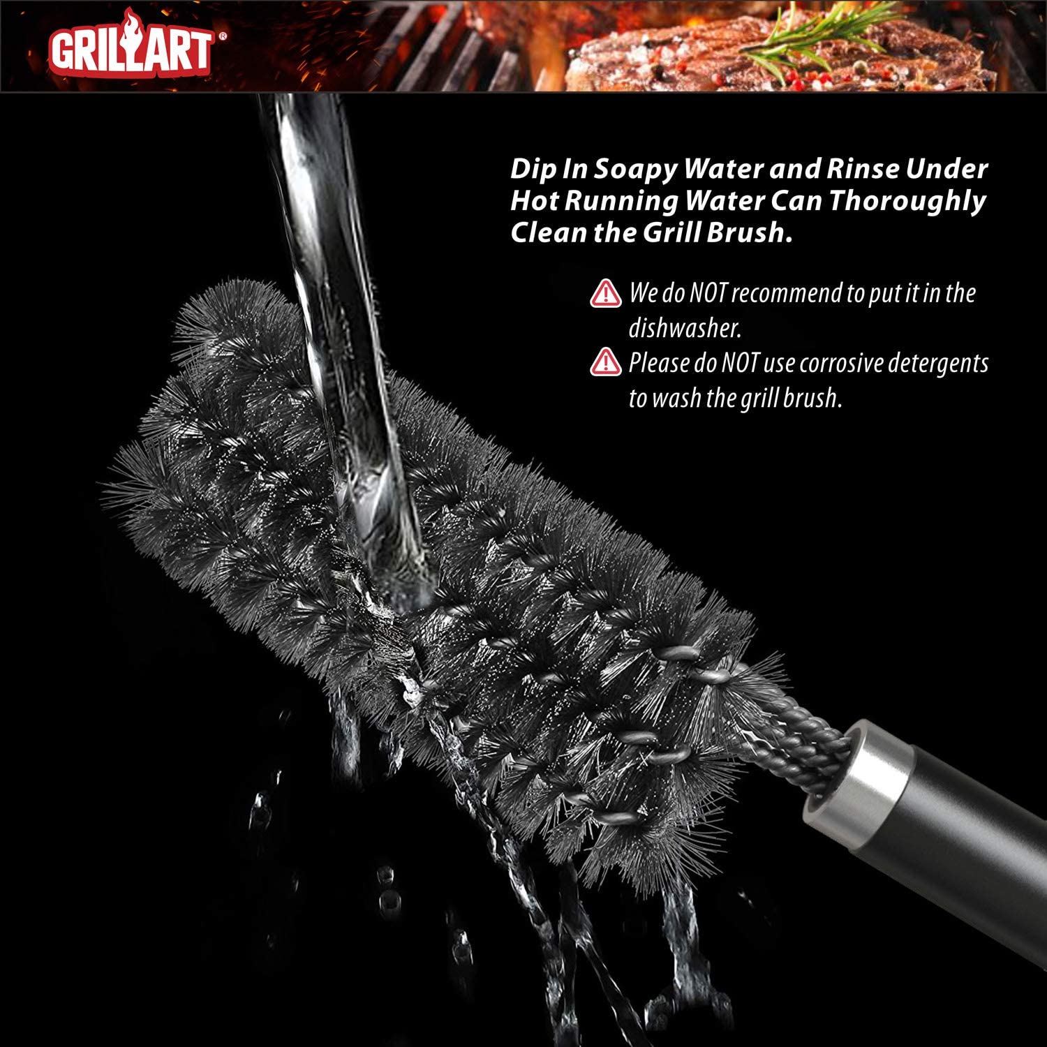 grillart grill brush and scraper with deluxe handle, safe wire grill brush  bbq cleaning brush grill grate cleaner for gas inf