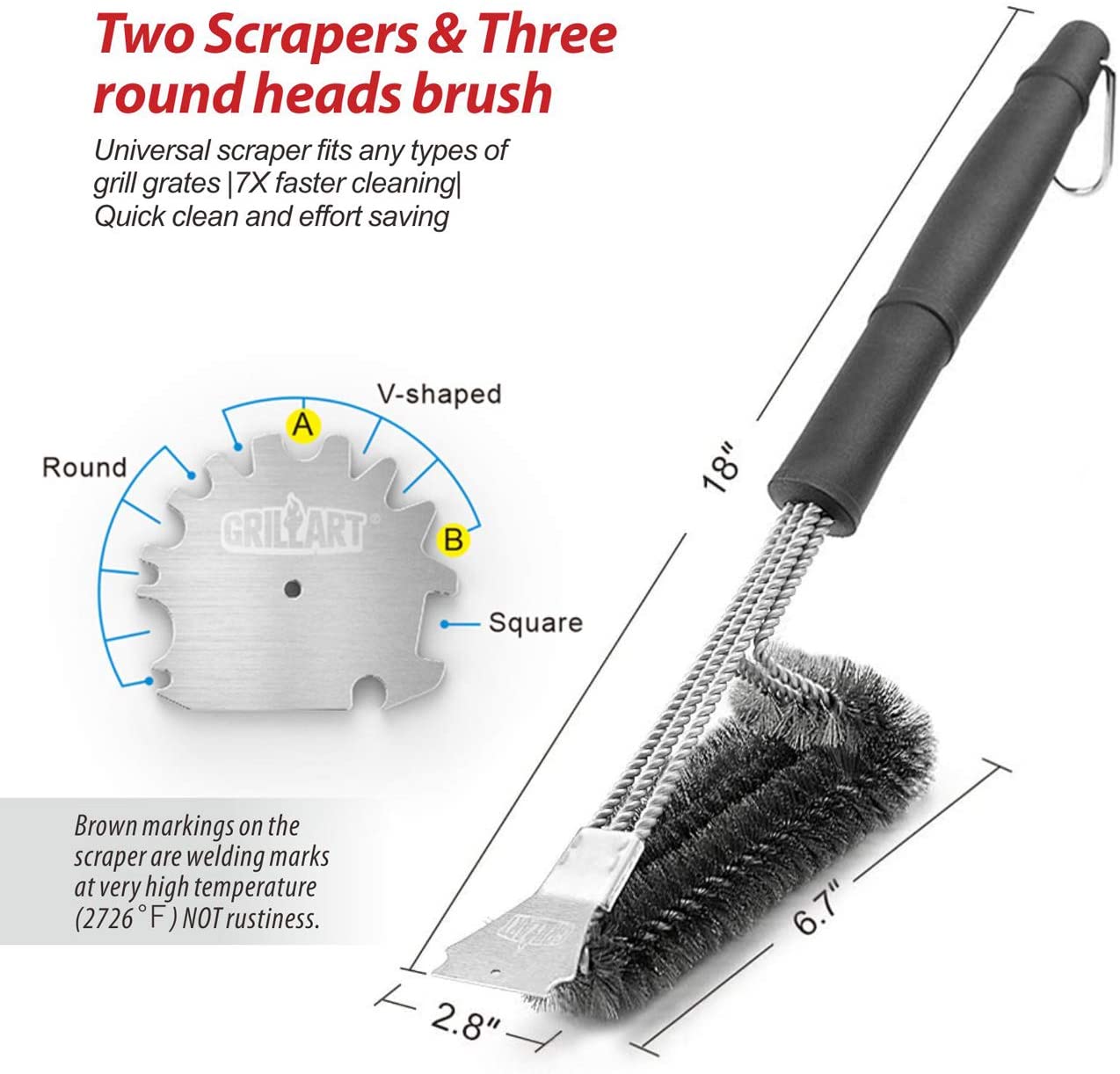 Grill Brush and Scraper - Extra Strong BBQ Cleaner Accessories - Safe Wire Bristles 18Stainless Steel Barbecue Triple Scrubber Cleaning Brush for