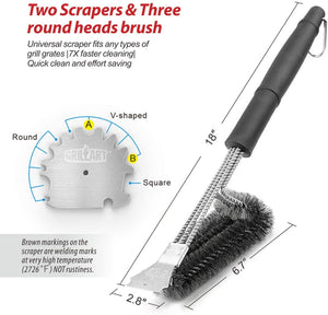 GRILLART Grill Brush and Scraper 18 Inch - Wire Bristle Brush Double Scrapers - Barbecue Cleaning Brush for Gas/Charcoal Grilling Grates - Universal Fit BBQ Grill Accessories, BR-5689