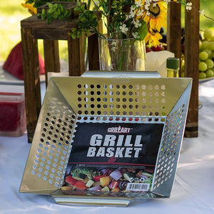 GRILLART Grill Basket for Vegetables & Meat – Large Grill Wok/Pan for the Whole Family - Heavy Duty Stainless Steel Veggie Grilling Basket Built to Last - Best BBQ Accessories for All Grills & Smokers