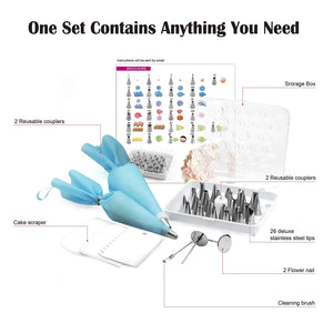 Weetiee Piping Tips And Bags With 26 Thickened Seamless Icing Tips, 2 Silicone Pastry Bags, 2 Flower Nails, 2 Twist Coupler, 3 White Scrapers, Cleaning Brush And Accessories (White)