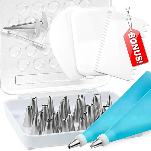 Weetiee Piping Tips And Bags With 26 Thickened Seamless Icing Tips, 2 Silicone Pastry Bags, 2 Flower Nails, 2 Twist Coupler, 3 White Scrapers, Cleaning Brush And Accessories (White)