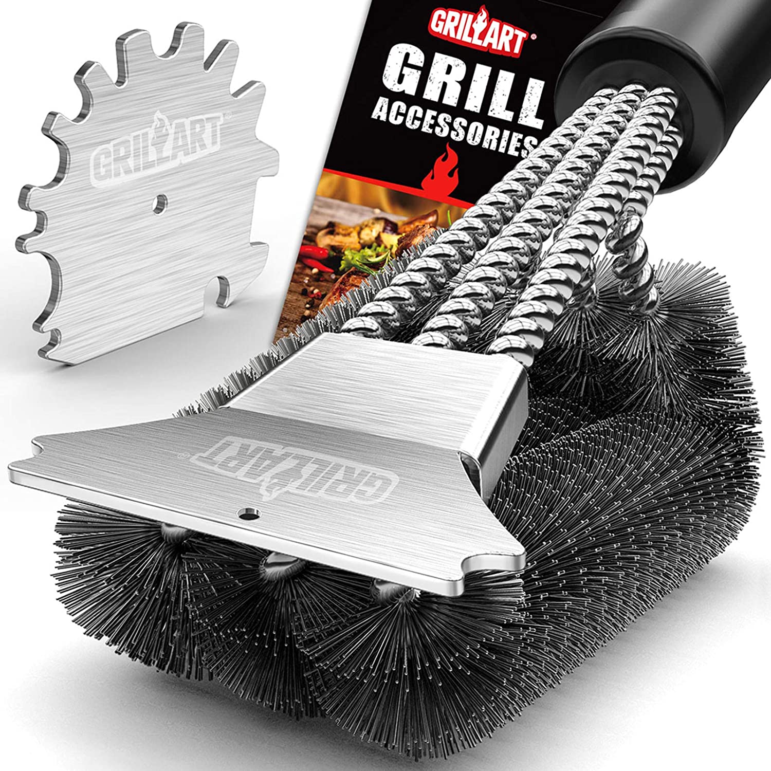 18-Inch Grill Brush Set (1 x Bristle Free Brush, 1 x Scraper Brush), BBQ  Brush for Grill Cleaning, Outdoor Grill Cleaning Tools, Stainless Steel, 2