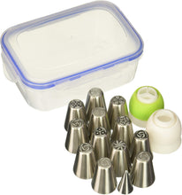 Load image into Gallery viewer, Weetiee Russian Piping Tips Russian Nozzles for Cake Cupcake Icing Decorating Piping Tips 27-Pcs Russian Tips Set Cake Frosting Tips Kit (12 Russian Piping Tips Leaf Tip 2 Couplers Pastry Bags) Storage Box