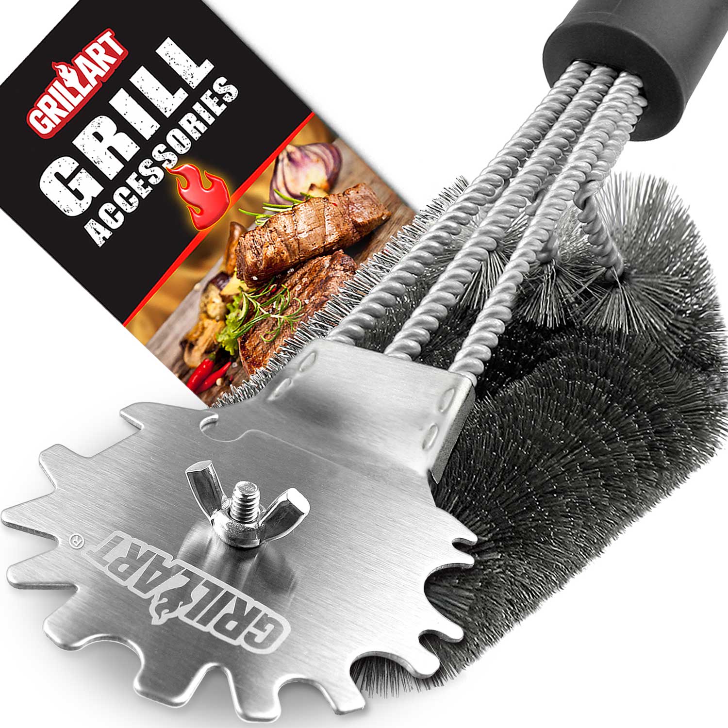 GRILLUMAID Grill Brush and Scraper, 2-in-1 BBQ Brush for Grill Cleaning - Extra Strong Reinforced Safe Wire Bristles, 18A BBQ Triple Scrubb