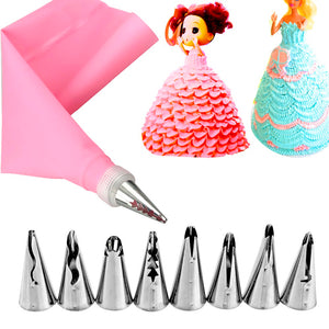 Weetiee 10pcs/set Wedding Cake Decorating Icing Stainless Steel Russian Nozzles Skirt Cake Nozzles Piping Tips Pastry Silicone Cake Bags