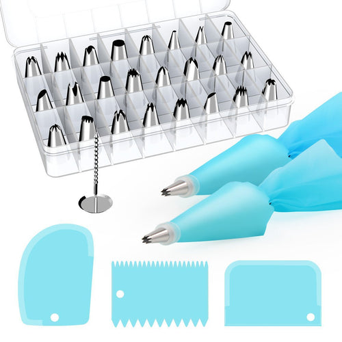 Weetiee 32pcs/ Set Silicone Pastry Bag Tips Kitchen DIY Icing Piping Cream Reusable Pastry Bags +24 Nozzle Set Cake Decorating Tools