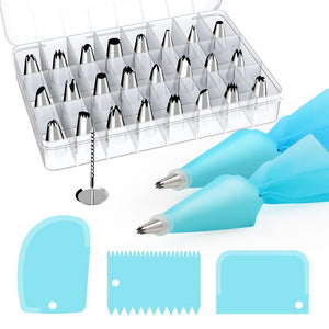 Weetiee 32pcs/ Set Silicone Pastry Bag Tips Kitchen DIY Icing Piping Cream Reusable Pastry Bags +24 Nozzle Set Cake Decorating Tools