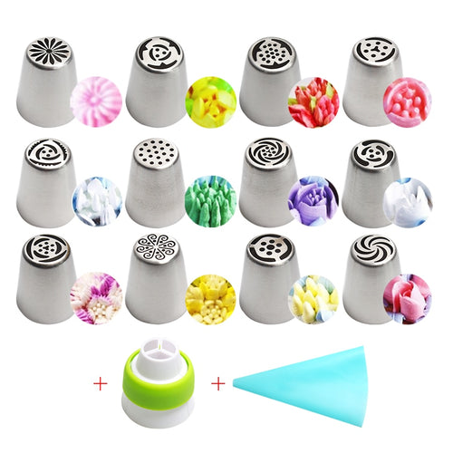 Weetiee 14pc/Set Stainless Steel Russian Tulip Icing Piping Nozzles Flower Cream Pastry Tips Nozzles Silicone Bag Kitchen Accessories