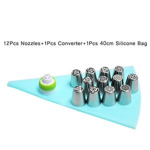 Weetiee 14pc/Set Stainless Steel Russian Tulip Icing Piping Nozzles Flower Cream Pastry Tips Nozzles Silicone Bag Kitchen Accessories